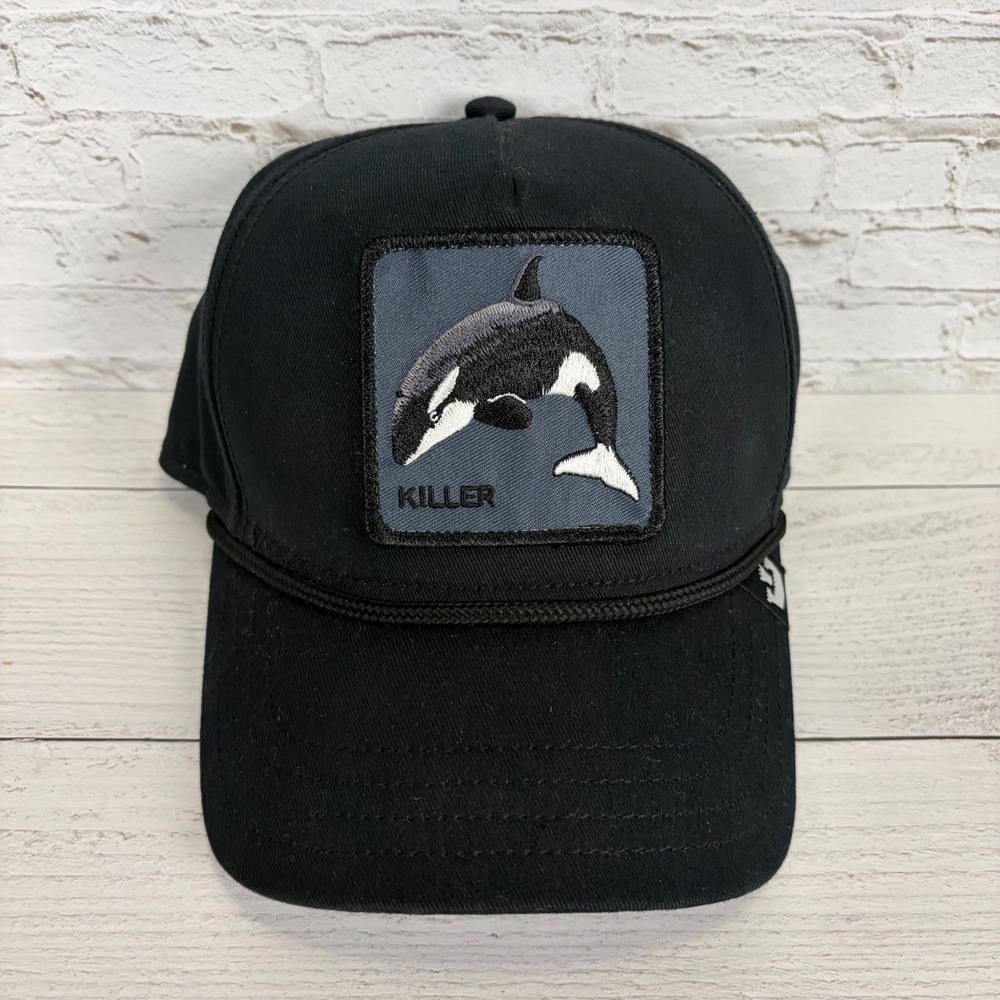 Goorin Bros Hat Snapback Cap Black On Black Killer Orca Whale Patch Gray Logo